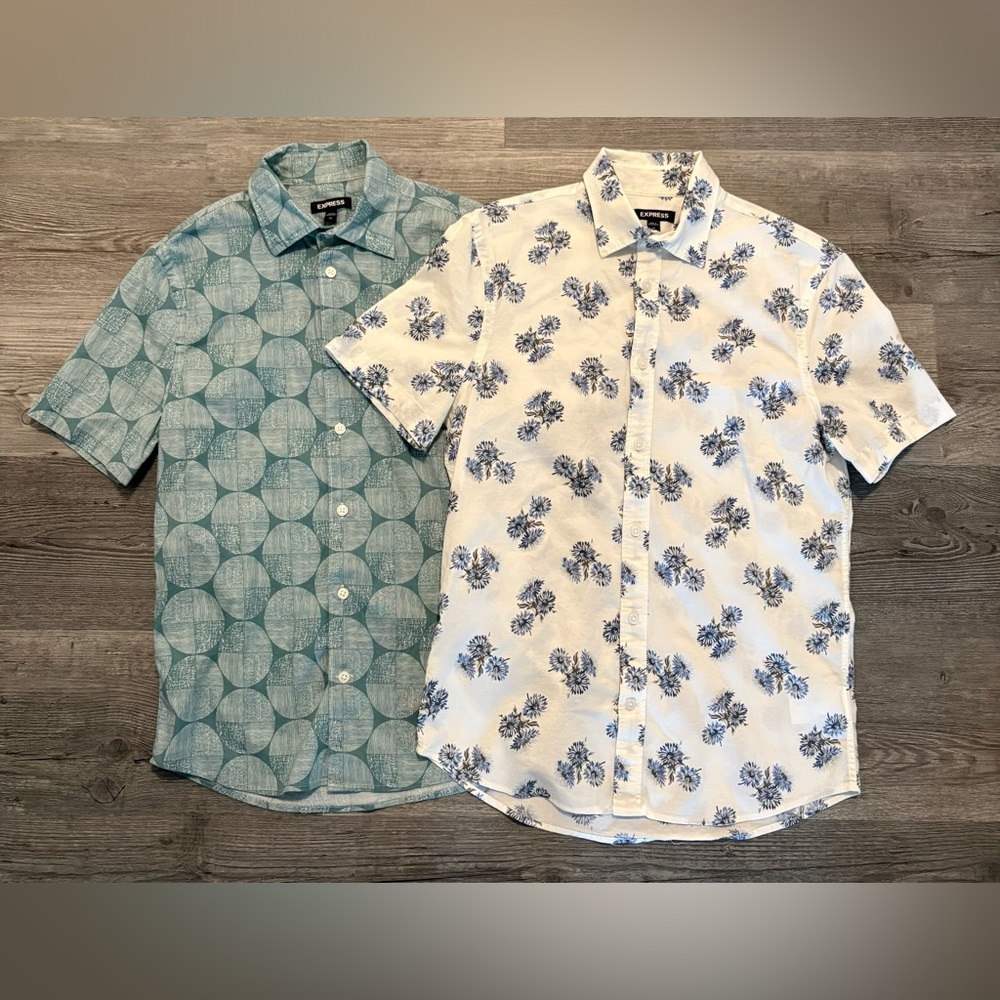 Express Men’s Short-Sleeve Button-Down Shirts - Teal & White/Blue. Size XS